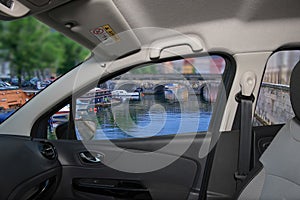 Car window overlooking a cityscape of Copenhagen, Denmark