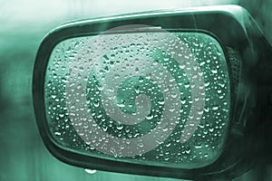 Car window, rearview mirror, heavy rain, rainy day, side view mirror