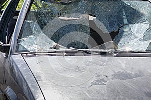 Car windscreen broken. Old and Wrecked car.