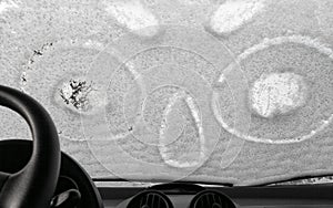 Car windscreen frozen inside view