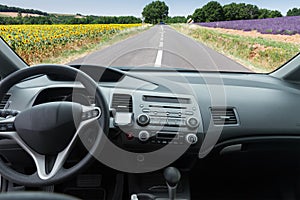 Car windscreen with road