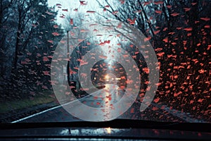 car windshield covered in freezing rain droplets