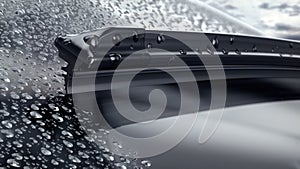 Car windshield with rain drops and frameless wiper blade closeup