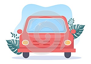Car Windshield Replacement and Car Body Frame Repair Due to Cracks, Breaks or Accidents in Flat Style Cartoon Illustration
