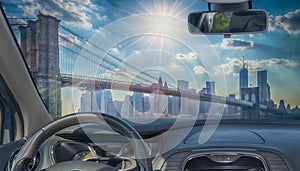 Car windshield with view of Brooklyn Bridge, New York, USA