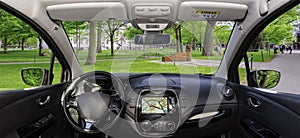 Car windshield view of the Harvard University Campus, Cambridge, USA