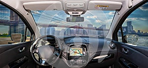 Car windshield view over Brooklyn Bridge, New York City, USA