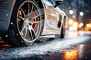 Car with winter tires on snow covered road. Blurred city landscape. Close-up on wheels.