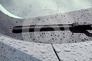 Car wiper and water drops on windshield glass, closeup