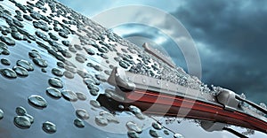 Car wipers with red silicone coating sweep water from the car windshield 3d render against a cloudy sky