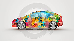 A car wrapped in a colorful jigsaw puzzle design stands out with its vibrant mix of pieces, blending playfulness with automotive
