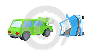 Car Wreckage or Car Accident with Transport Deformation and Turning Upside Down Vector Set