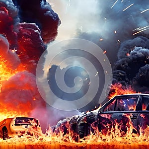 Car wreckage and fire