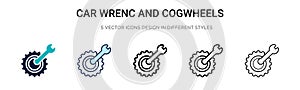 Car wrenc and cogwheels icon in filled, thin line, outline and stroke style. Vector illustration of two colored and black car