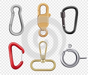 Carabine hook. Climbers for hiking loop vector keys and lock illustrations realistic photo