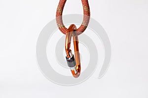 carabine on a rope. Climbing equipment isolated on a white background. photo