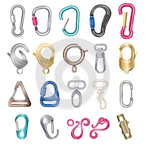 Carabiner clasps vector illustrations metal colored hooks, clips, snap and claws icon set isolated on white background