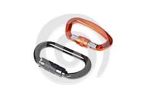 Carabiner D-Shaped in Black and Orange color isolated on white.