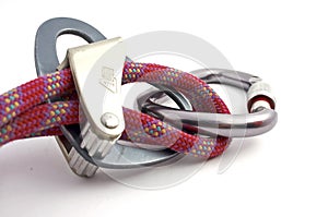 Carabiner, rope and belay devices photo