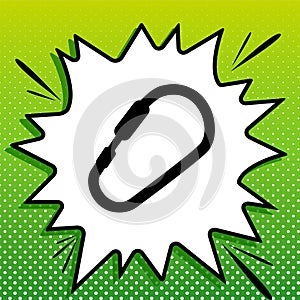 Carabiner sign. Black Icon on white popart Splash at green background with white spots. Illustration