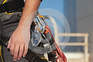 Carabiners on a harness. Equipment for high-altitude work