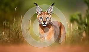 Caracal in green grass vegetation. Animal face to face walking on gravel road, Beautiful wild cat in nature habitat. Generative AI