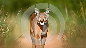 Caracal in green grass vegetation. Animal face to face walking on gravel road, Beautiful wild cat in nature habitat. Generative AI