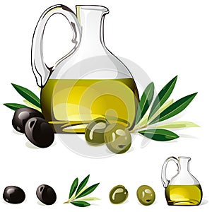Carafe with olive oil, green and black olive