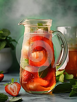 Carafe of refreshing strawberry drink summer drink on green background. Cold fruity sangria with ice. Generative AI