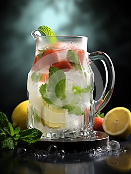 Carafe of summer drink with strawberries, lemons, and mint. Refreshing white sangria with ice and summer fruits. Generative AI