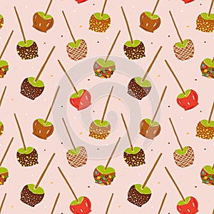 Caramel apples seamless pattern, various toffee apples-on-a-stick with various topping with caramel dipping, hand drawn