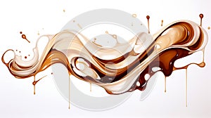 Caramel background. Chocolate flow watercolour painting on white