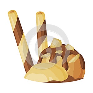 Caramel Ball of Ice Cream with Chocolate Topping and Wafer Rolls Vector Illustration