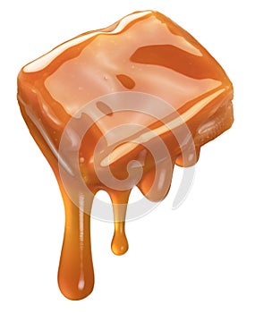 Caramel candy and drops of milk caramel sauce flowing down from it. File contains clipping path