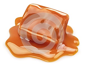 Caramel candy in milk caramel sauce isolated on white background