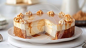 Caramel cheesecake with piped cream on white plate. Gourmet dessert presentation photo