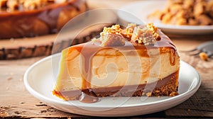 Caramel cheesecake with piped cream on white plate. Gourmet dessert presentation photo