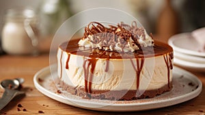 Caramel cheesecake with piped cream on white plate. Gourmet dessert presentation photo