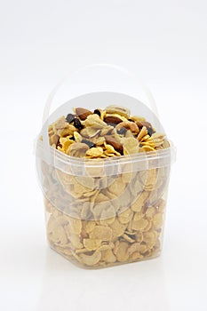 Caramel cornflake in plastic box.