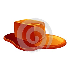 Caramel cube melting on white background
