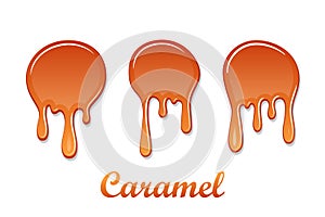 Caramel drop 3D set. Realistic caramel, melted sauce. Flow liquid isolated on white background. Orange splash toffee