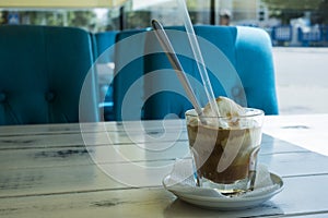 caramel frappe coffee in the cafe photo