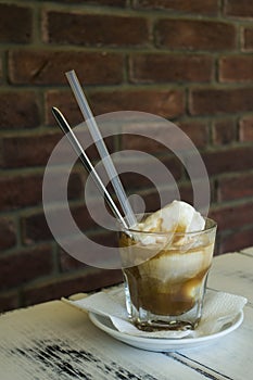 Caramel frappe coffee in the cafe photo