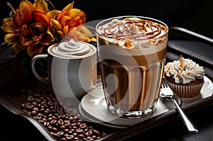 A caramel macchiato in a glass, served on a tray with coffee beans, a creamer, and a cupcake