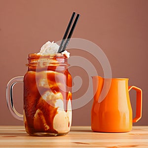 Caramel milkshake with coffee on wooden table. Salted caramel ice cream sundae. Cold coffee drink frappe frappuccino , with