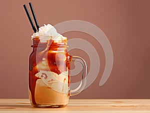 Caramel milkshake with coffee on wooden table. Salted caramel ice cream sundae. Cold coffee drink frappe frappuccino , with