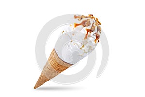 Caramel nuts vanilla ice cream in waffle cone on a white isolated background