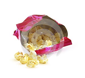 Caramel popcorn in a snack bag on white baclkground
