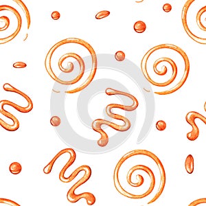 Caramel smudges and curls. Seamless pattern.Watercolor illustration. Isolated on a white background.