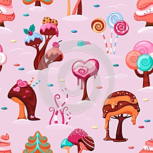 Caramel tree seamless. Fantasy fairytale colored pictures delicious caramel sweets pictures for textile design projects